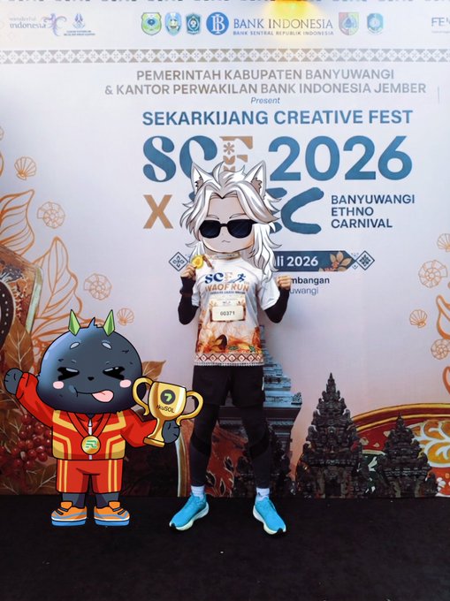 A person wearing an anime-style white-haired wolf mascot head with sunglasses stands in front of a backdrop for 'SEKARKIJANG CREATIVE FEST SCF X BMC 2026 - Banyuwangi Ethno Carnival,' presented by the Banyuwangi Regency Government and Bank Indonesia.