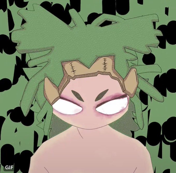 An animated illustration features a stylized character with wild green hair, a stitched brown headpiece, and glowing white eyes against a black and green abstract background, with the text "GIF" visible in the bottom left corner.
