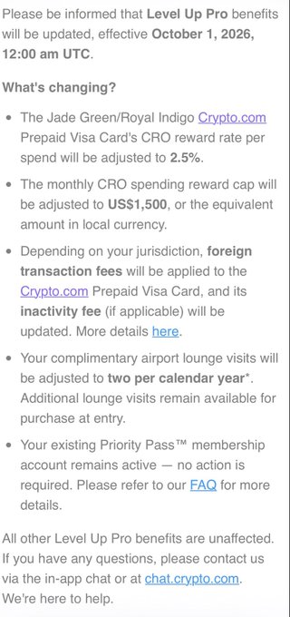 The image is an official announcement from Crypto.com detailing changes to Level Up Pro benefits effective October 1, 2026, including adjustments to the Jade Green/Royal Indigo Crypto.com Prepaid Visa Card's CRO reward rate (reduced to 2.5%), monthly CRO spending cap (set to US$1,500), airport lounge visits (limited to two per calendar year), and new foreign transaction fees. The post relates to this image by offering a personal perspective defending the changes as part of Crypto.com's effort to build a more sustainable ecosystem during a bear market.