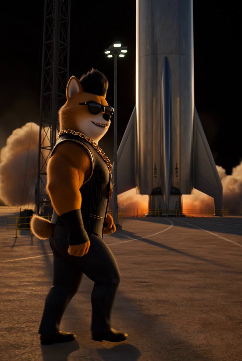 The image features a character with sunglasses walking towards an airplane that has its nose pointed upwards. The character appears to be wearing sunglasses and carrying a backpack while heading towards the rocket ship. The caption of the image reads "Let's go, Dogecoin Trillionaire!", which is likely a reference to the popular cryptocurrency Dogecoin.