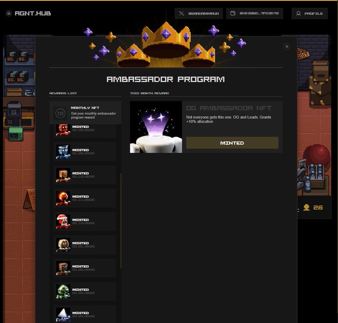 A gaming interface titled 'FIGHT.HUB' displaying an 'AMBASSADOR PROGRAM' with various NFTs listed as 'MINTED' and highlighting an 'OG AMBASSADOR NFT' with '+10% allocation'.