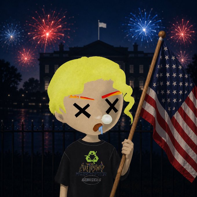 A cartoon character with X eyes, blonde hair, and drool stands holding an American flag in front of the White House and fireworks.