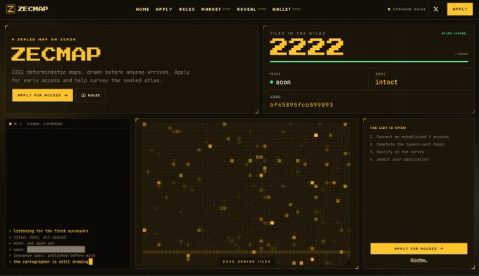 A website interface for 'ZECMAP' displaying 'TILES IN THE ATLAS: 22222', a map grid with yellow tiles, and instructions to apply for access.