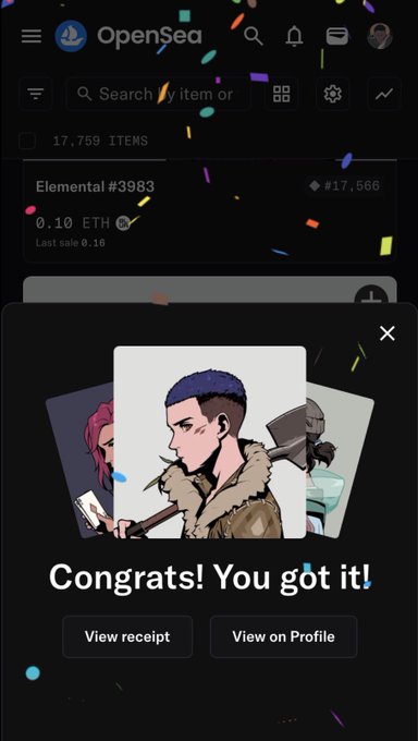 A screenshot from OpenSea showing an "Elemental #3983" NFT purchase for 0.10 ETH, with a "Congrats! You got it!" success popup displaying cartoon-style character artwork. The image confirms the morning sweep that pushed Elementals to the 0.10 ETH price point mentioned in the post.