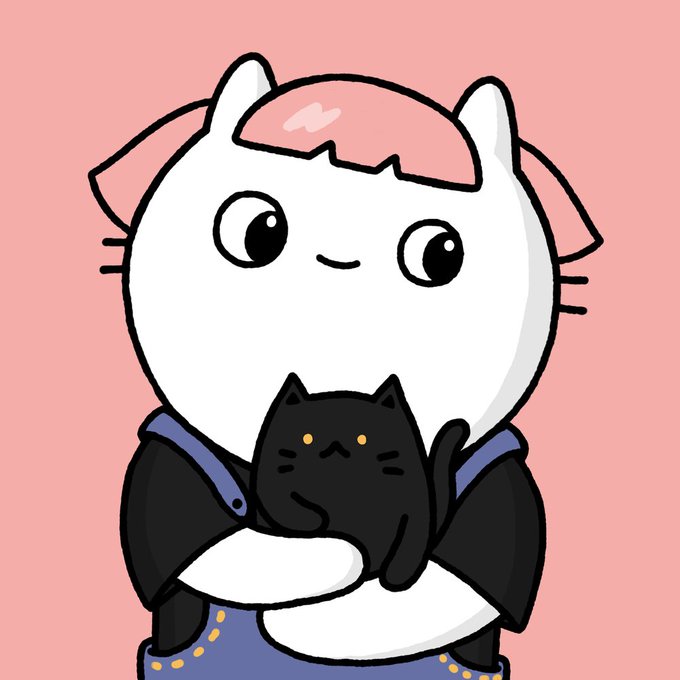 A cartoon illustration of a white cat-like character wearing a dark hoodie, holding a small black cat with orange eyes, set against a pink background.