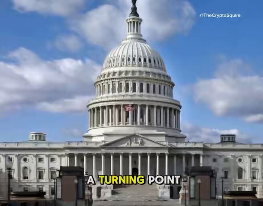 The image features a large white building with a dome, which appears to be the United States Capitol Building. The caption reads "A Turning Point", suggesting that there might be some significant changes or developments happening within the government or financial sectors related to cryptocurrency regulation.
