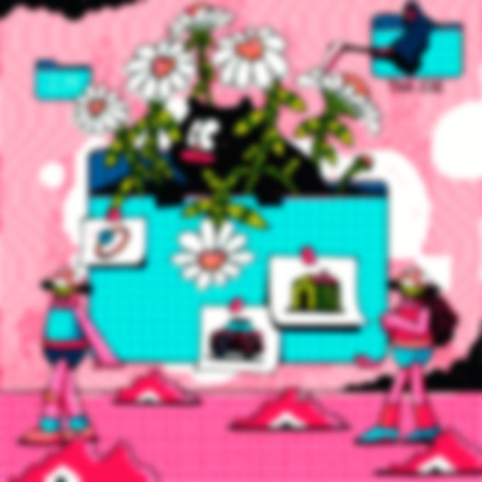A cartoon illustration featuring a black character with daisies, alongside other small figures on a pink background.