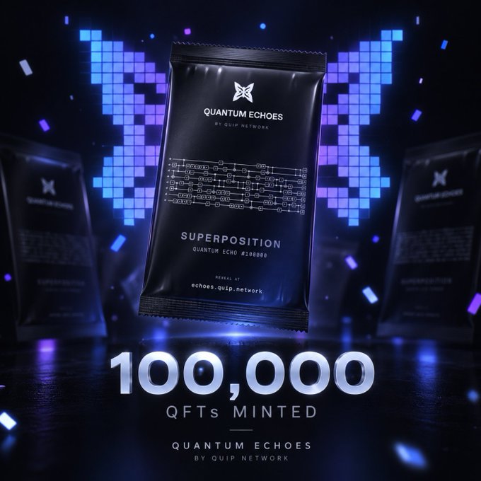 A promotional graphic celebrating '100,000 QFTs MINTED' for Quantum Echoes by Quip Network, showing a black packet labeled 'SUPERPOSITION' against a digital blue background.