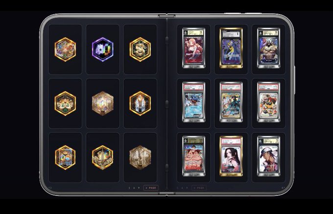 An open card binder displays a collection of trading cards in protective sleeves, with hexagonal tokens on the left pages and character cards on the right.