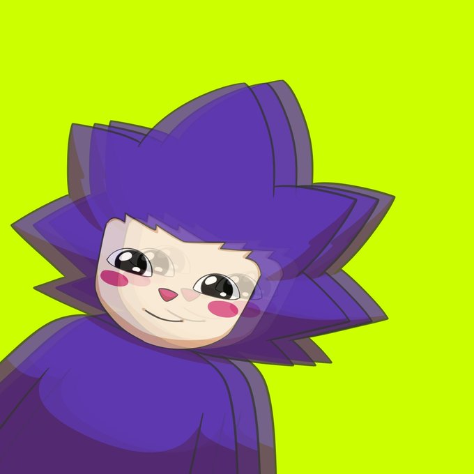 Digital illustration of a cute purple-haired cartoon character with large sparkly eyes and pink blush cheeks against a bright yellow-green background.