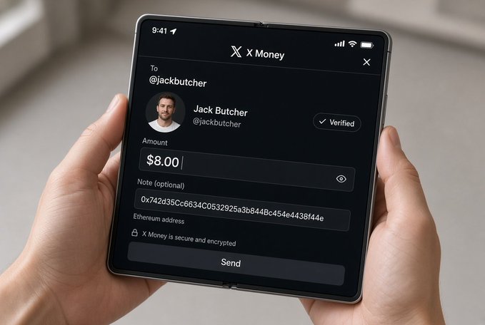 Hands hold a smartphone displaying an 'X Money' transaction interface, sending $8.00 in cryptocurrency from a verified account 'Jack Butcher' (@jackbutcher) via an Ethereum address.