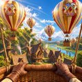 A first-person view from a hot air balloon basket floating among other colorful hot air balloons over a tropical landscape with islands and water below.