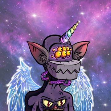 A stylized cartoon illustration of a purple, multi-eyed creature with a rainbow unicorn horn, white wings, and sharp fangs set against a cosmic purple starry background.