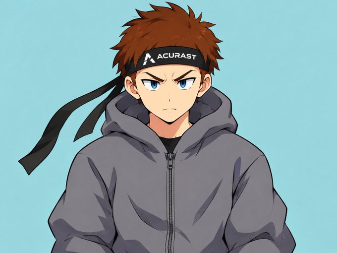 An anime-style illustration of a brown-haired young man with blue eyes wearing a gray hoodie and a black headband with 'ACURAST' written on it.