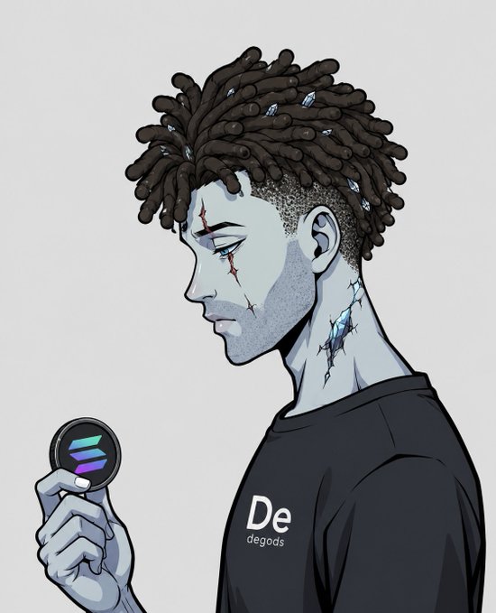 A digital illustration of a man with dreadlocks, facial scars, and a black 'degods' De t-shirt, holding a Solana coin.
