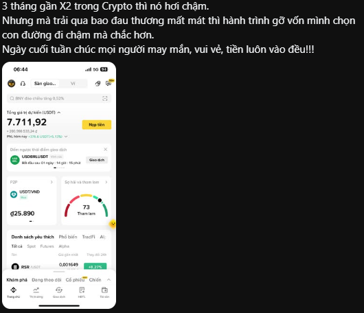 A screenshot showing crypto trading results with Vietnamese text stating '3 tháng gồn X2 trong Crypto thì nó hơi căm' (3 months doubling in Crypto is a bit harsh), displaying a USDT/VND exchange rate of 25,890 and a total balance of 7,711.92.