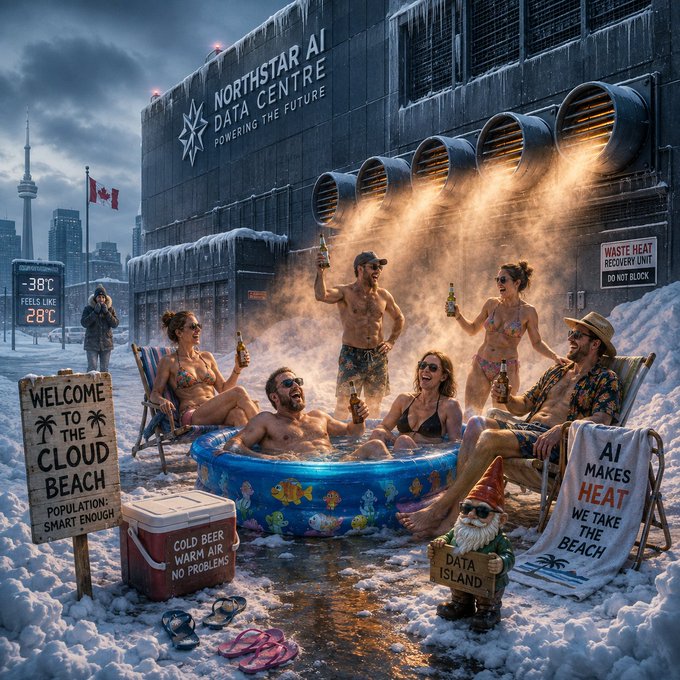 A satirical AI-generated image of people in swimwear enjoying an inflatable hot tub labeled 'THE CLOUD' in freezing -38°C weather outside 'Northstar AI Data Centre', with humorous signs including 'AI MAKES HEAT' and 'DATA ISLAND'.