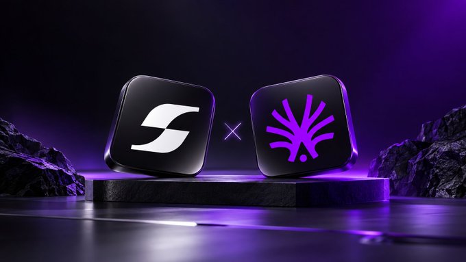 Two black app icons with white and purple logos are displayed on a dark stone pedestal, illuminated by purple light against a dark background.