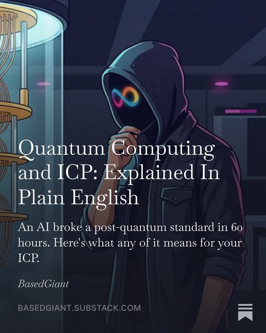 Cover art for a Substack article titled 'Quantum Computing and ICP: Explained In Plain English' by BasedGiant, featuring a hooded figure with a neon mask in a server room.