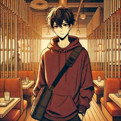 An anime-style illustration of a young man with dark hair wearing a red hoodie and a crossbody bag, standing in a warmly lit café.