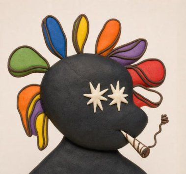 A stylized painting of a black figure with star-shaped eyes, colorful petal-like shapes protruding from its head, and a lit cigarette in its mouth.