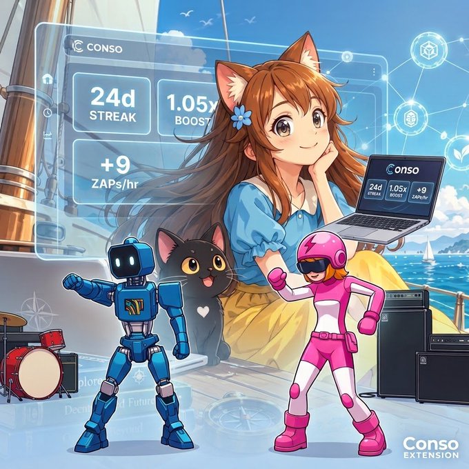 Anime-style illustration showing a character with cat ears alongside a robot, a black cat, and a person in pink power armor, with a dashboard displaying '24d STREAK', '1.05x BOOST', and '+9 ZAPs/hr', branded 'Conso EXTENSION'.