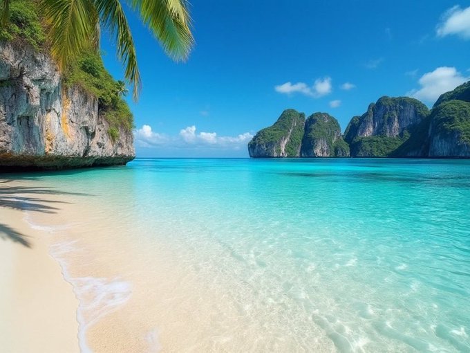 A serene turquoise bay with crystal-clear waters laps against a secluded sandy beach, framed by lush limestone cliffs and palm trees under a bright blue sky. The tranquil paradise imagery visually mirrors the calm optimism of "We are just getting started," symbolizing the peaceful early days of the $BTC journey ahead.