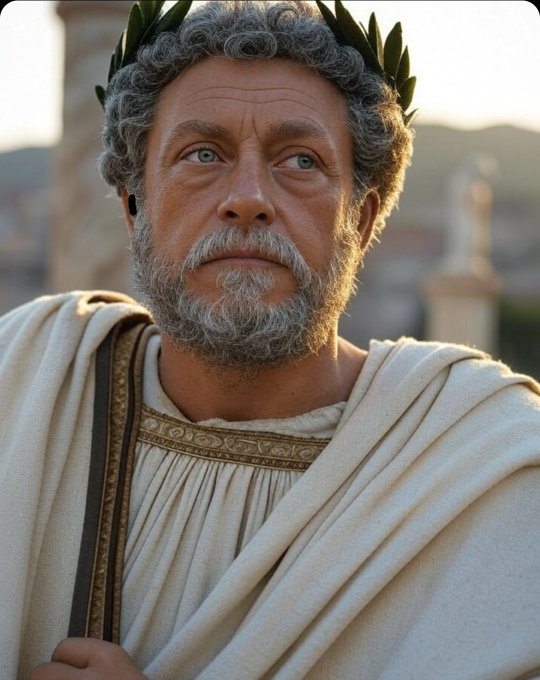 A man in classical Roman attire with a laurel wreath and white toga gazes upward.