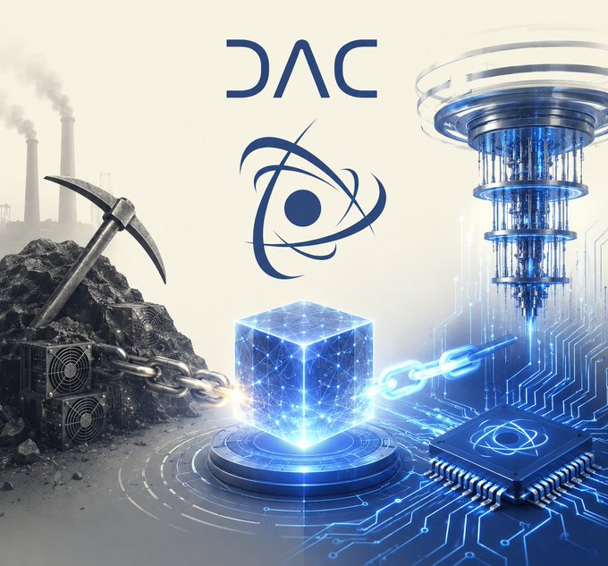 The image features a blue cube with a chain around it, surrounded by various technological elements such as a computer chip and a power plant. The caption for the image reads "DAC @dac_chain is taking a different approach. Instead of defending against quantum technology, DAC Proof of Quantum Work (PoQW) is designed to use it". This suggests that the DAC chain is focusing on utilizing the power of blockchain technology in conjunction with quantum computing rather than trying to protect itself from these advancements.