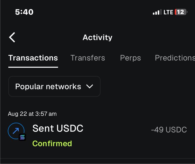 A screenshot of a crypto wallet activity page displays a confirmed transaction for 'Sent USDC' of -49 USDC on Aug 22 at 3:57 am.