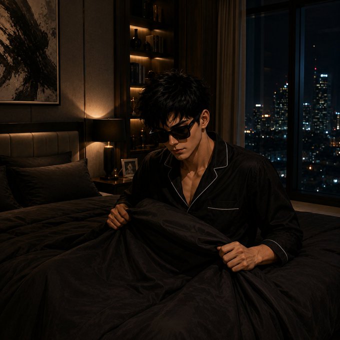 A darkly lit bedroom scene showing a person in black pajamas and sunglasses sitting on a bed with dark sheets, city lights visible through the window.