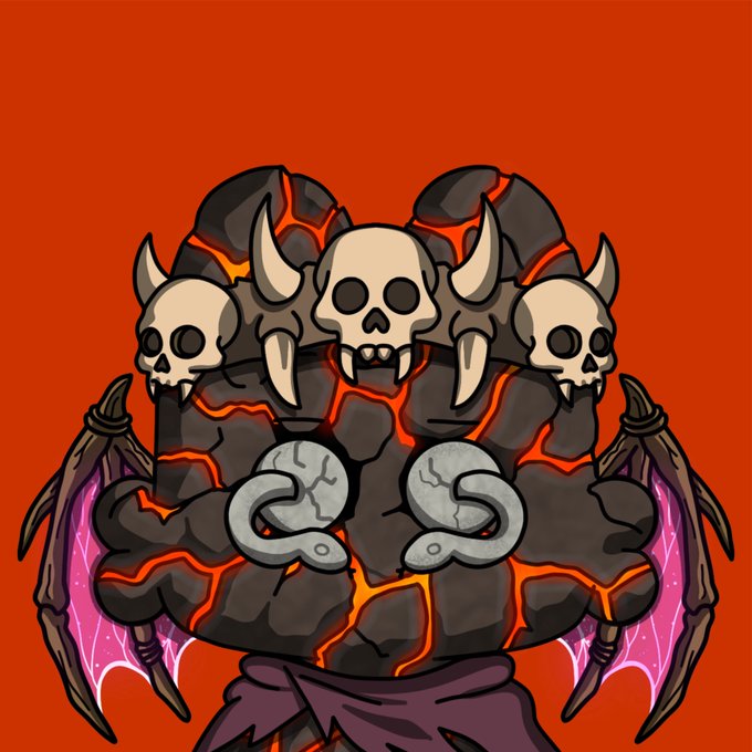 A cartoonish demonic creature made of dark rocky material with glowing orange lava cracks features three skulls on top, bat wings, and holds two large silver keys against an orange background.