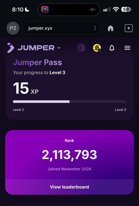 A mobile screenshot of jumper.xyz showing a 'Jumper Pass' with '15 XP' progress toward Level 3 and a Rank of '2,113,793' (Joined November 2024).