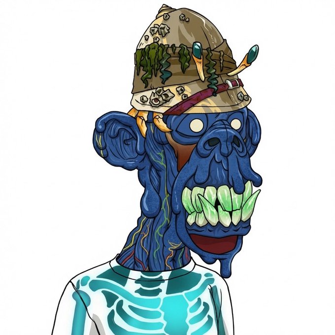 Surreal illustration of a blue-skinned monstrous figure with green jagged teeth and white skeleton-print torso, wearing a cracked dome helmet adorned with moss and small horns.