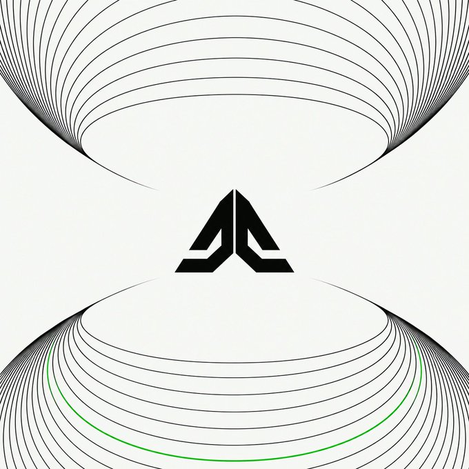 A minimalist black and white logo design featuring a central triangular emblem flanked by curved line patterns resembling topographical contours, with one green line in the bottom half.