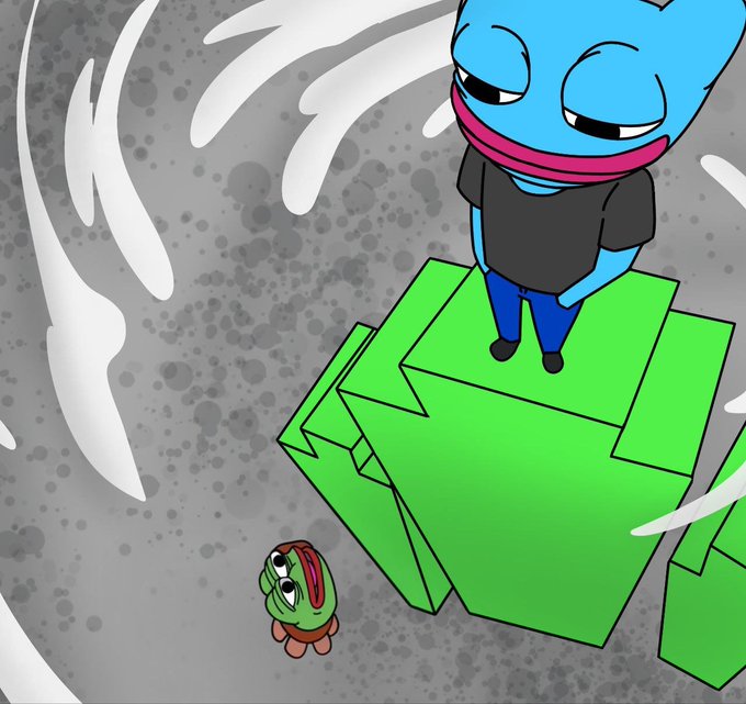 A digital illustration depicts a cartoonish blue character standing on a stack of green crates while a small green figure with a red smile looks up from below.