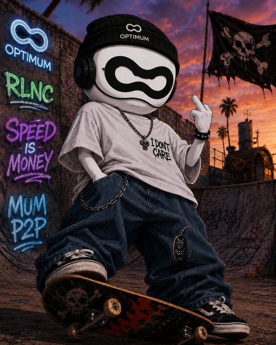 An illustration of a stylized white robot character wearing a black beanie with "OPTIMUM" text, headphones, a white "I DON'T CARE" t-shirt, and baggy jeans, standing on a skateboard. Graffiti on the wall includes "OPTIMUM", "RLNC", "SPEED IS MONEY", "MUM", and "P2P".