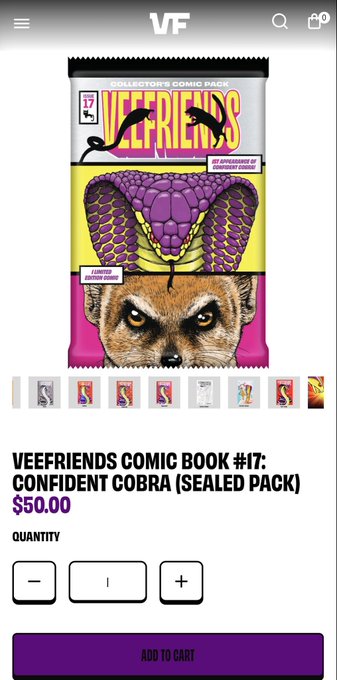 A mobile shopping app screenshot showing 'VEEFRIENDS COMIC BOOK #17: CONFIDENT COBRA (SEALED PACK)' priced at $50.00, featuring artwork of a cobra and a cougar on the packaging.