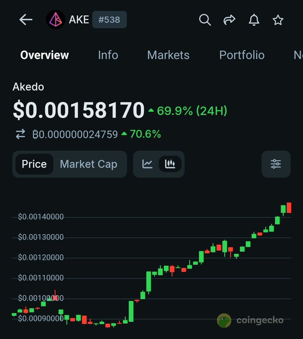 A CoinGecko cryptocurrency chart for the AKE token (Akedo) showing a price of $0.00158170, up 69.9% in 24 hours, with a candlestick chart displaying an upward trend.