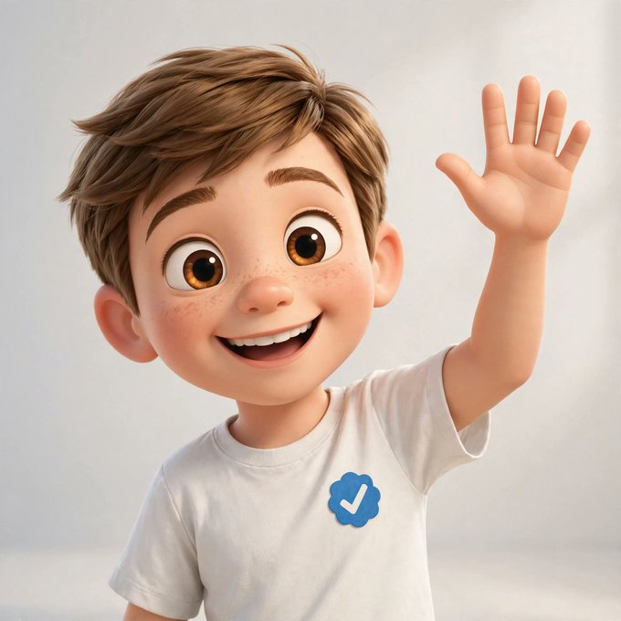 a 3d rendered cartoon illustration of a smiling young boy with brown hair waving, wearing a white t-shirt with a blue checkmark badge