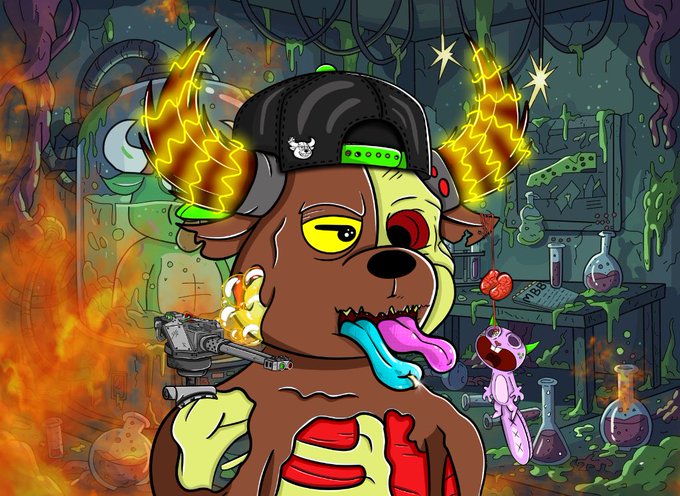 A cartoon NFT-style illustration of a zombie/mutant dog character with glowing yellow lightning horns, a black cap, a robotic eye, exposed ribs, and blood, set in a toxic lab with fire and beakers.