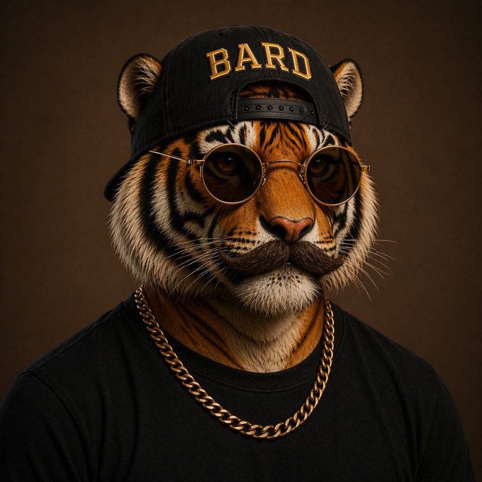 The image features a man wearing a black shirt, sunglasses, and a hat with the word "Bard" written on it. He also has a chain necklace around his neck. The background of the image is brown, which contrasts nicely with the bright colors of the man's attire. There are no texts or other objects in the image that seem to be related to the post.