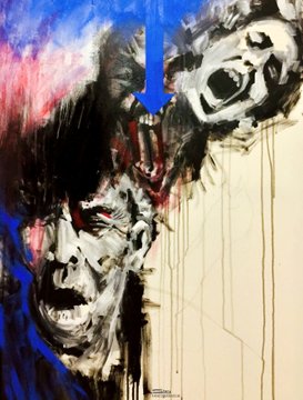 An abstract expressionist painting featuring chaotic brushstrokes in black, white, and blue, with two screaming faces and a prominent blue downward-pointing arrow.