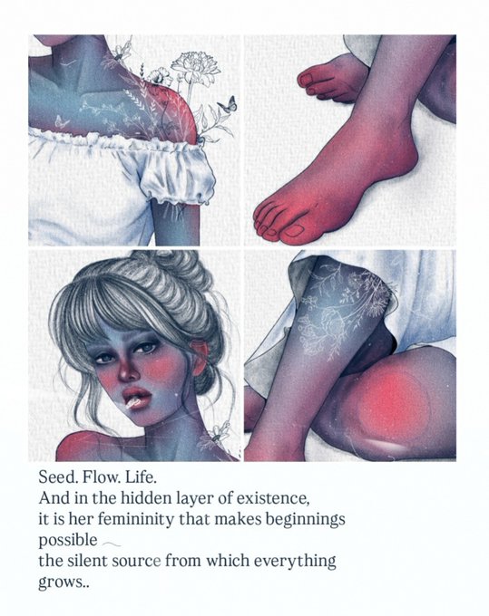 A collage of four artistic illustrations depicting feminine body parts—floral-adorned shoulders, crossed feet, a contemplative face, and a knee—all rendered in soft blue, purple, and pink watercolor tones with delicate botanical line work. Below the images, text reads: "Seed. Flow. Life. And in the hidden layer of existence, it is her femininity that makes beginnings possible — the silent source from which everything grows.." The imagery visually reinforces the accompanying post about a KT art collection on objkt.com, with the intimate, nature-themed portraits embodying the themes of growth and feminine origin described in the caption.