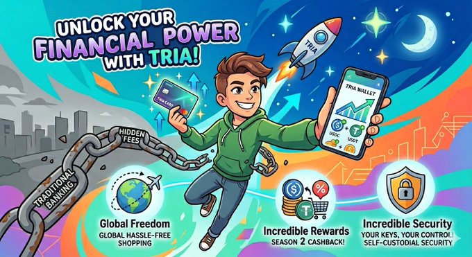 The image features a cartoon boy holding up his phone displaying an advertisement for Tria. The boy appears to be jumping into space while holding the phone, which has a digital wallet icon on it. The background of the image shows a city skyline with buildings in various sizes and colors. The text in the image reads "Unlock Your Financial Power with Tria! Do you see a digital wallet simply as a place to store funds? Think again because Tria will totally transform the way you think about your finances, giving rise to new opportunities with every purchase you".