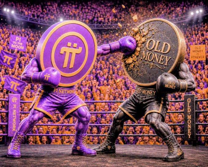 A digital illustration depicting a boxing match between 'Pi Network' and 'Old Money' mascots, with Pi Network wearing purple and landing a punch against an older character in a crowded arena.