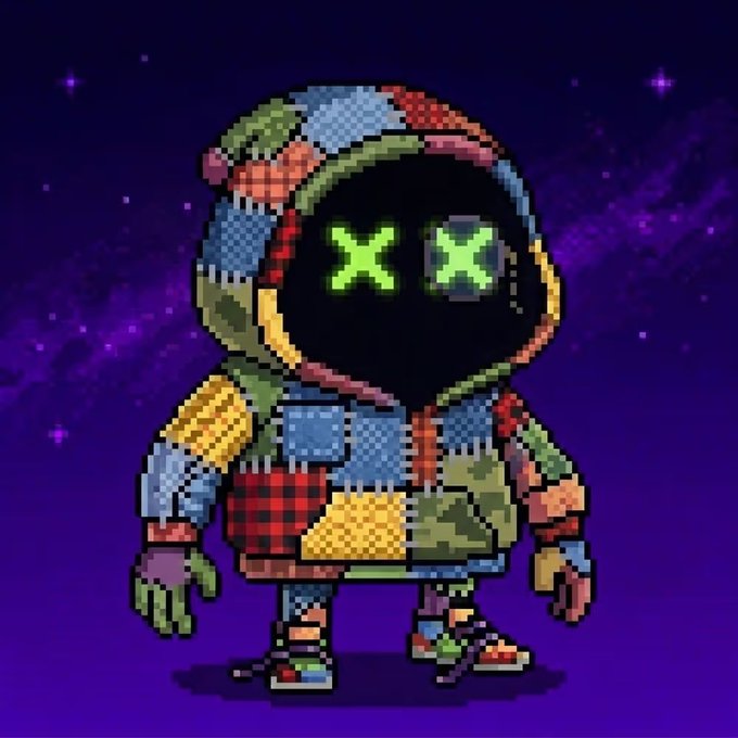 A pixel-art character with glowing green X-shaped eyes wears a colorful patchwork hoodie against a starry purple background.