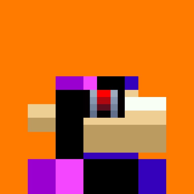 A pixelated, blocky figure stands against a solid orange background.
