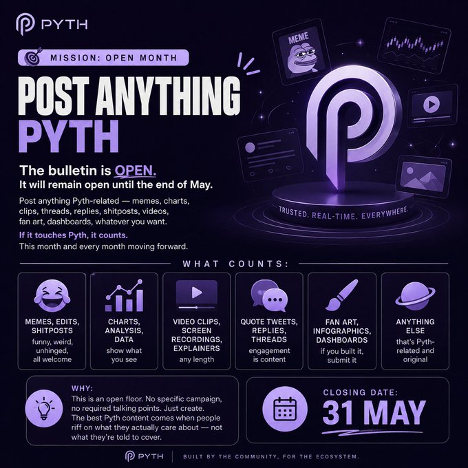 The image features a purple background with white text that reads "Post Anything Pyth". The poster also includes various elements such as logos, icons, and illustrations related to the Post Anything Pyth platform or community.