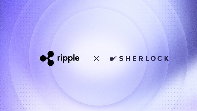 The image shows a partnership announcement between Ripple and Sherlock, featuring the Ripple logo alongside the Sherlock logo with an "x" between them on a purple gradient background. This visually represents the collaboration described in the post, where Ripple engaged Sherlock for competitive external security reviews of five upcoming areas on the XRP Ledger roadmap before amendment activation.
